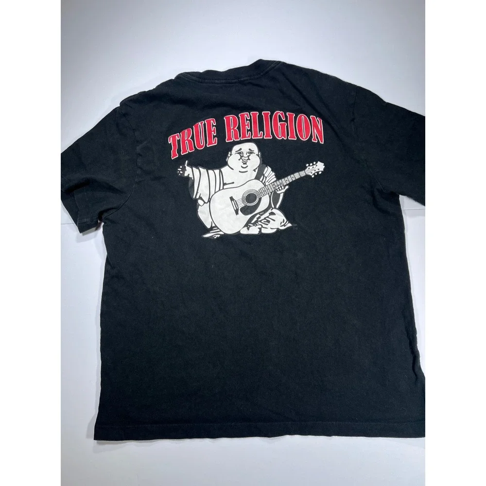 True Religion T-Shirt Mens Large Black Graphic Buddha Horseshoe Logo Tee